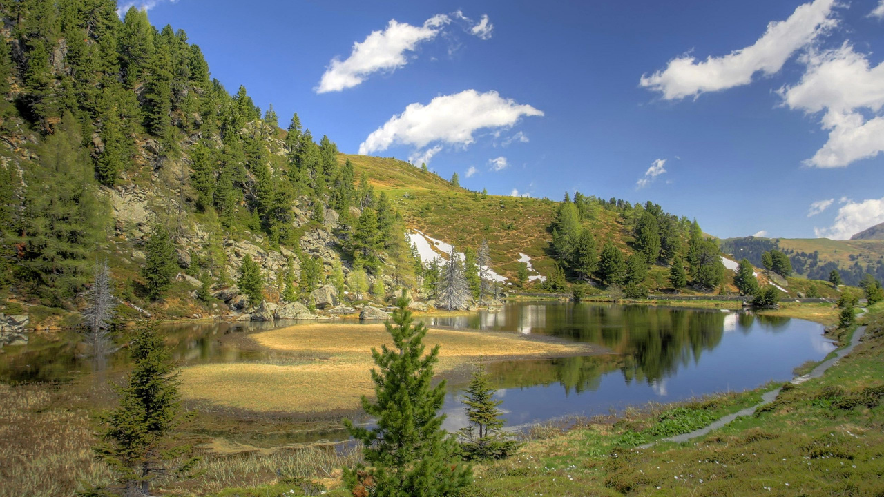 Green Trees Near Lake Under Blue Sky During Daytime. Wallpaper in 1280x720 Resolution