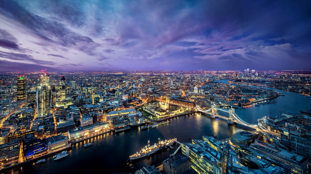 Aerial View of City Buildings During Night Time. Wallpaper in 1280x720 Resolution