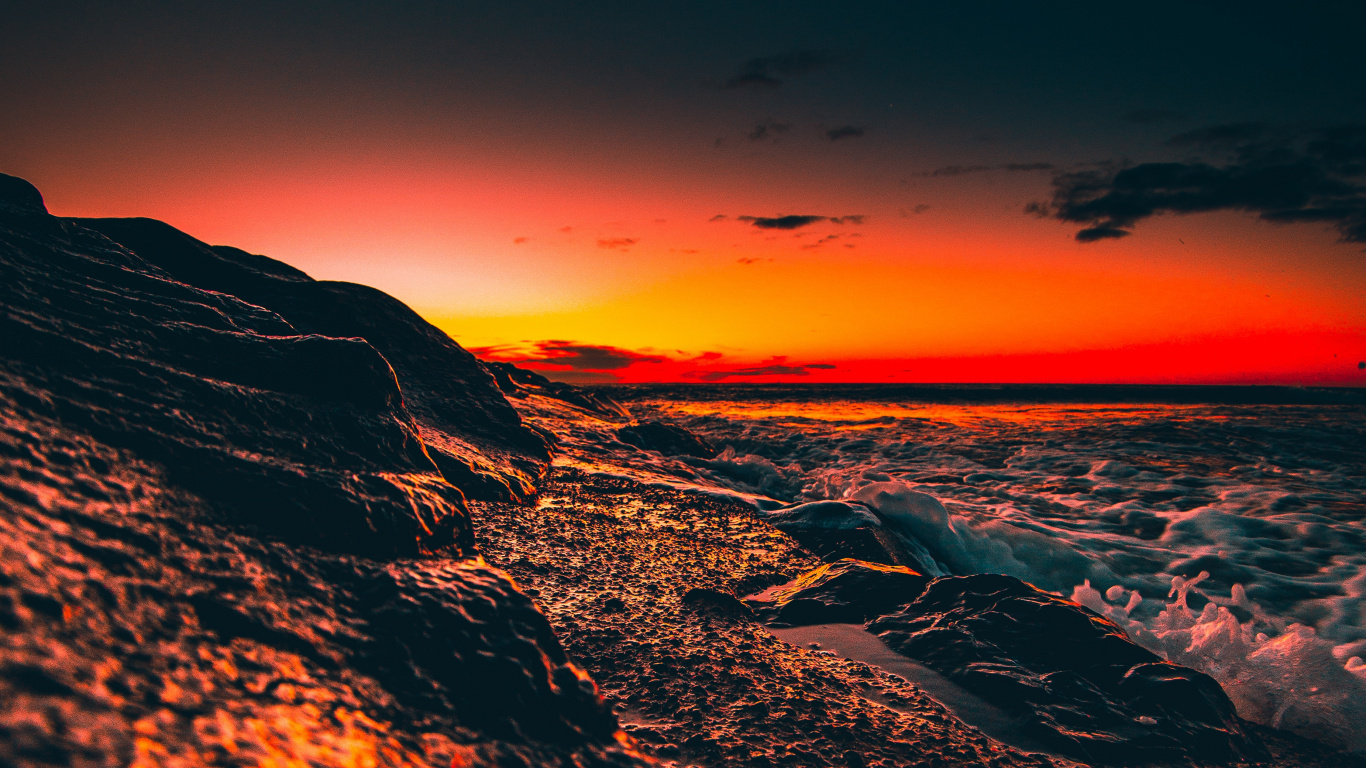 Puesta, Afterglow, Naturaleza, Rojo, Naranja. Wallpaper in 1366x768 Resolution