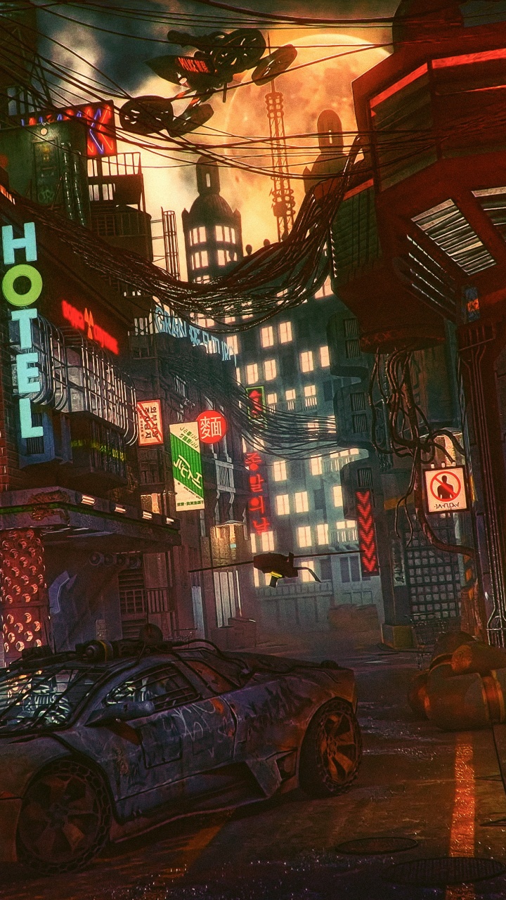 Futuristic Cyber City, Science Fiction, Cyberpunk, Art, Artist. Wallpaper in 720x1280 Resolution