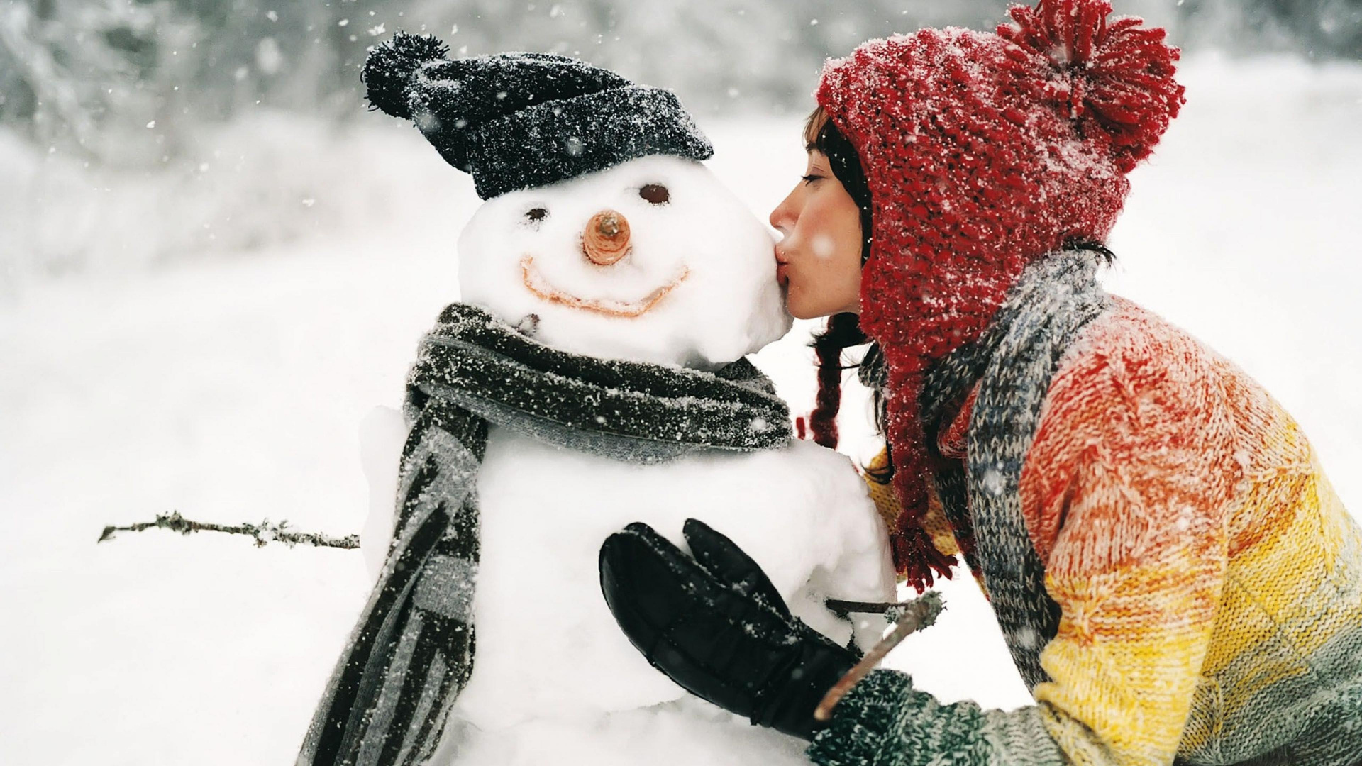 Snowman, Snow, Winter, Girl, Christmas. Wallpaper in 1920x1080 Resolution