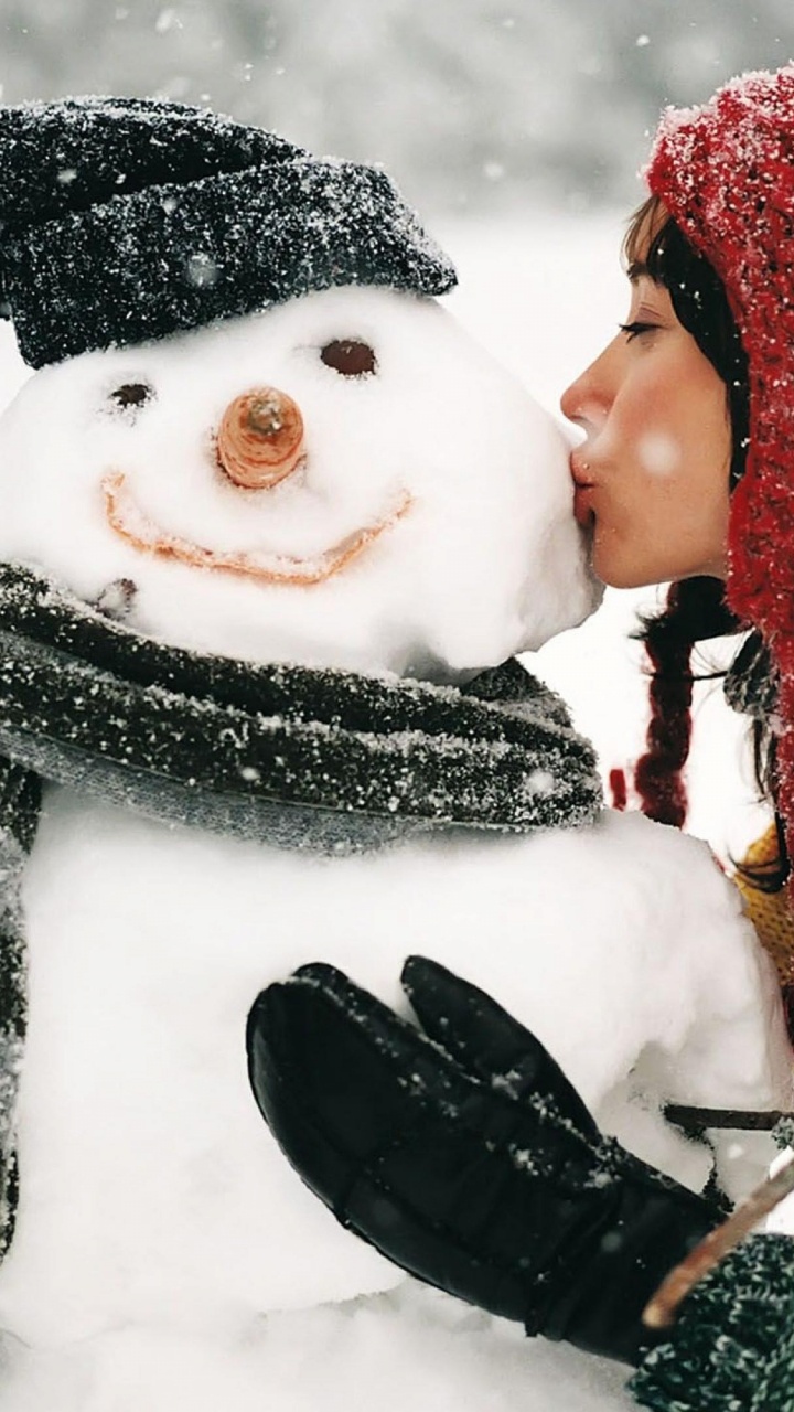 Snowman, Snow, Winter, Girl, Christmas. Wallpaper in 720x1280 Resolution