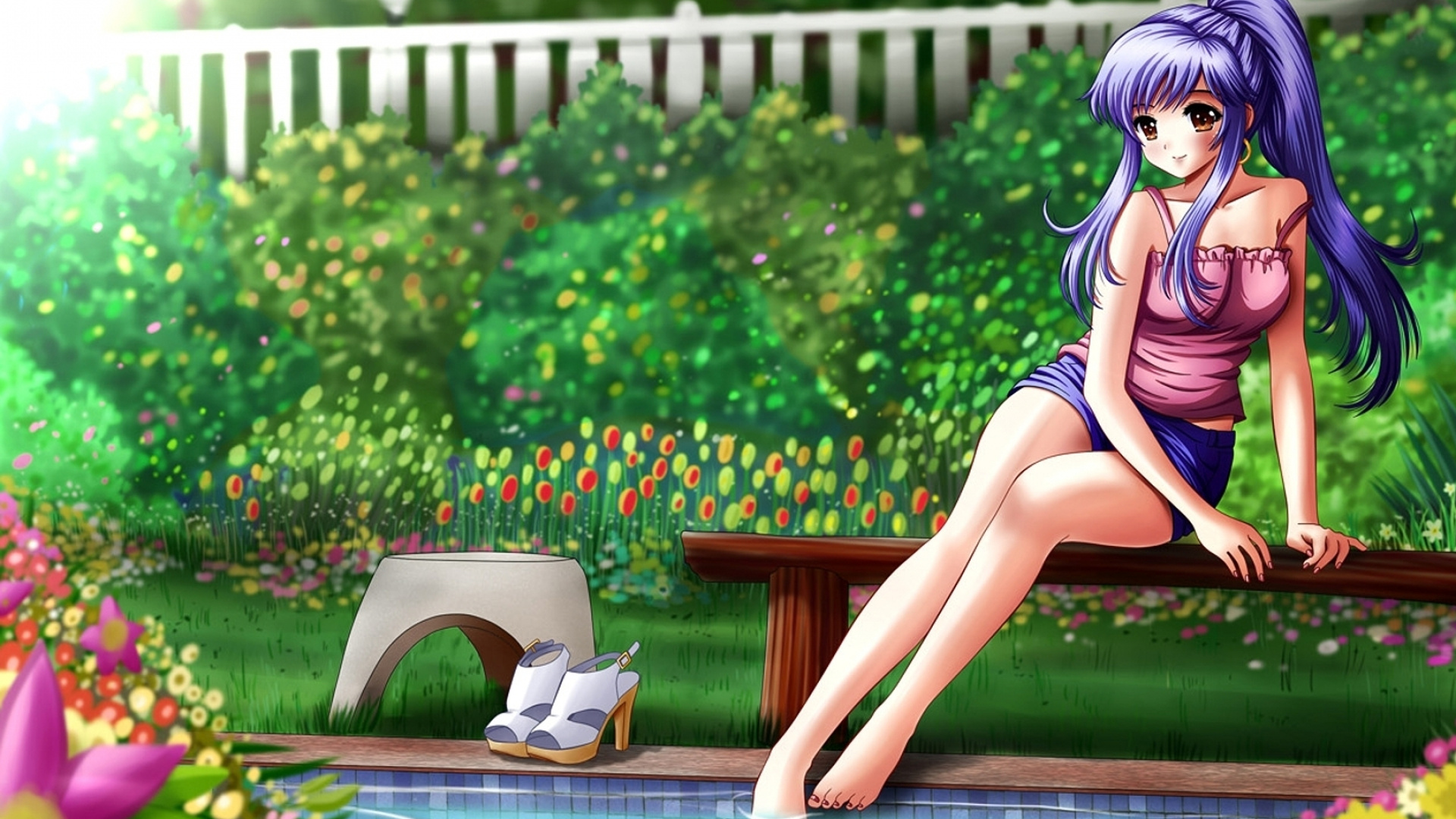 Frau im Schwarzen Bikini Sitzt Auf Brauner Holzbank. Wallpaper in 1920x1080 Resolution