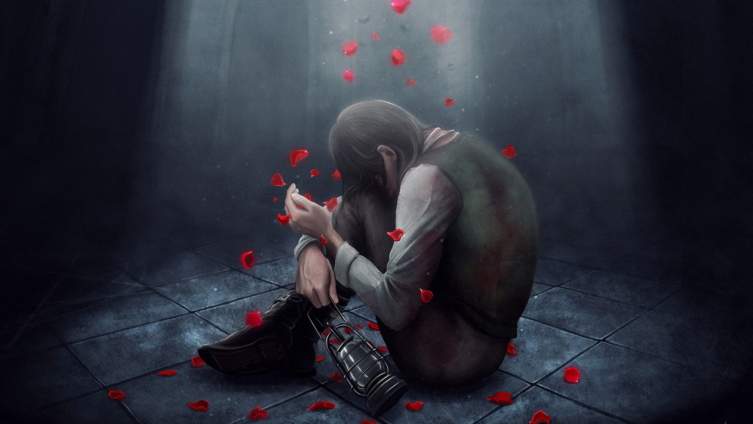 Man in Gray T-shirt and Red Pants Sitting on Gray Concrete Floor. Wallpaper in 2560x1440 Resolution