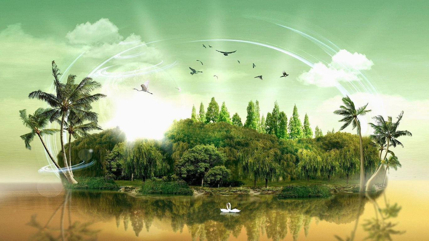 Grüne Bäume in Der Nähe Des Sees Unter Blauem Himmel Tagsüber. Wallpaper in 1366x768 Resolution