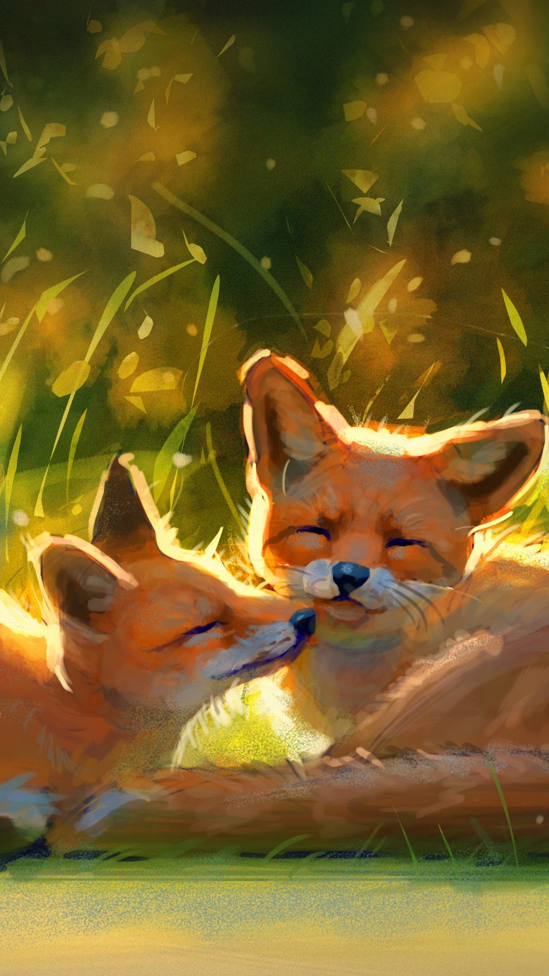 2 Renard Orange et Blanc Allongé Sur L'herbe Verte Pendant la Journée. Wallpaper in 1080x1920 Resolution