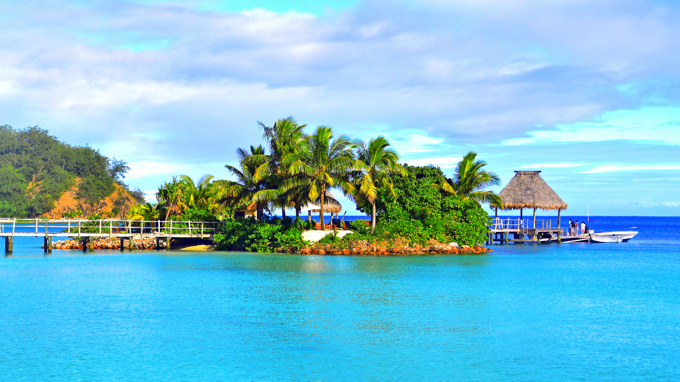 Brown Wooden House Near Green Palm Trees and Body of Water During Daytime. Wallpaper in 1366x768 Resolution