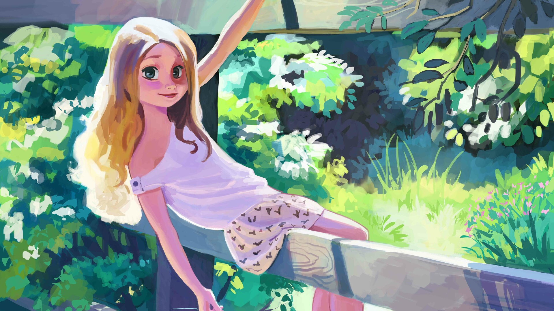 Girl in White and Pink Floral Dress Sitting on Brown Wooden Fence. Wallpaper in 1920x1080 Resolution