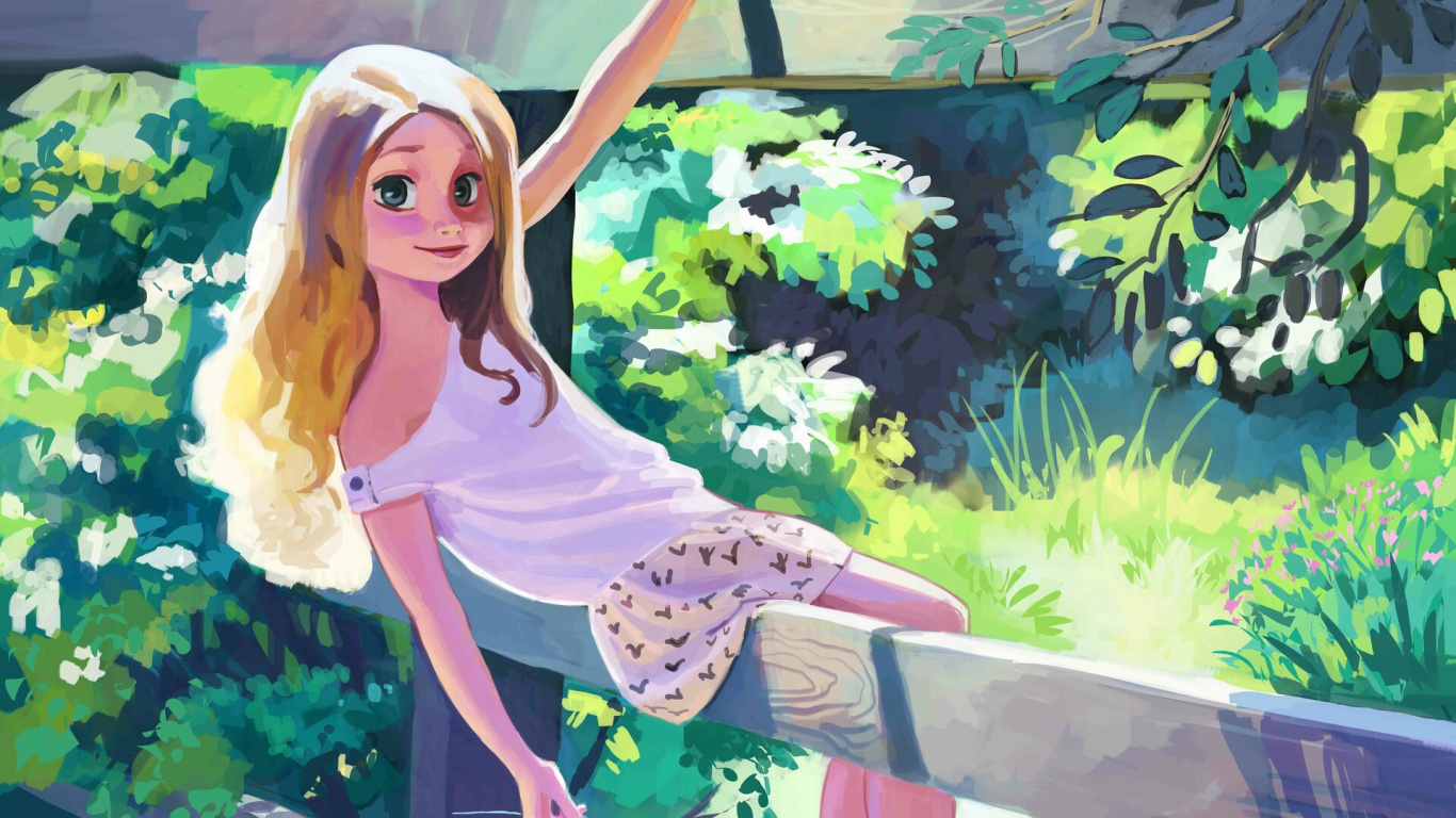 Chica en Vestido Floral Blanco y Rosa Sentado en la Valla de Madera Marrón. Wallpaper in 1366x768 Resolution