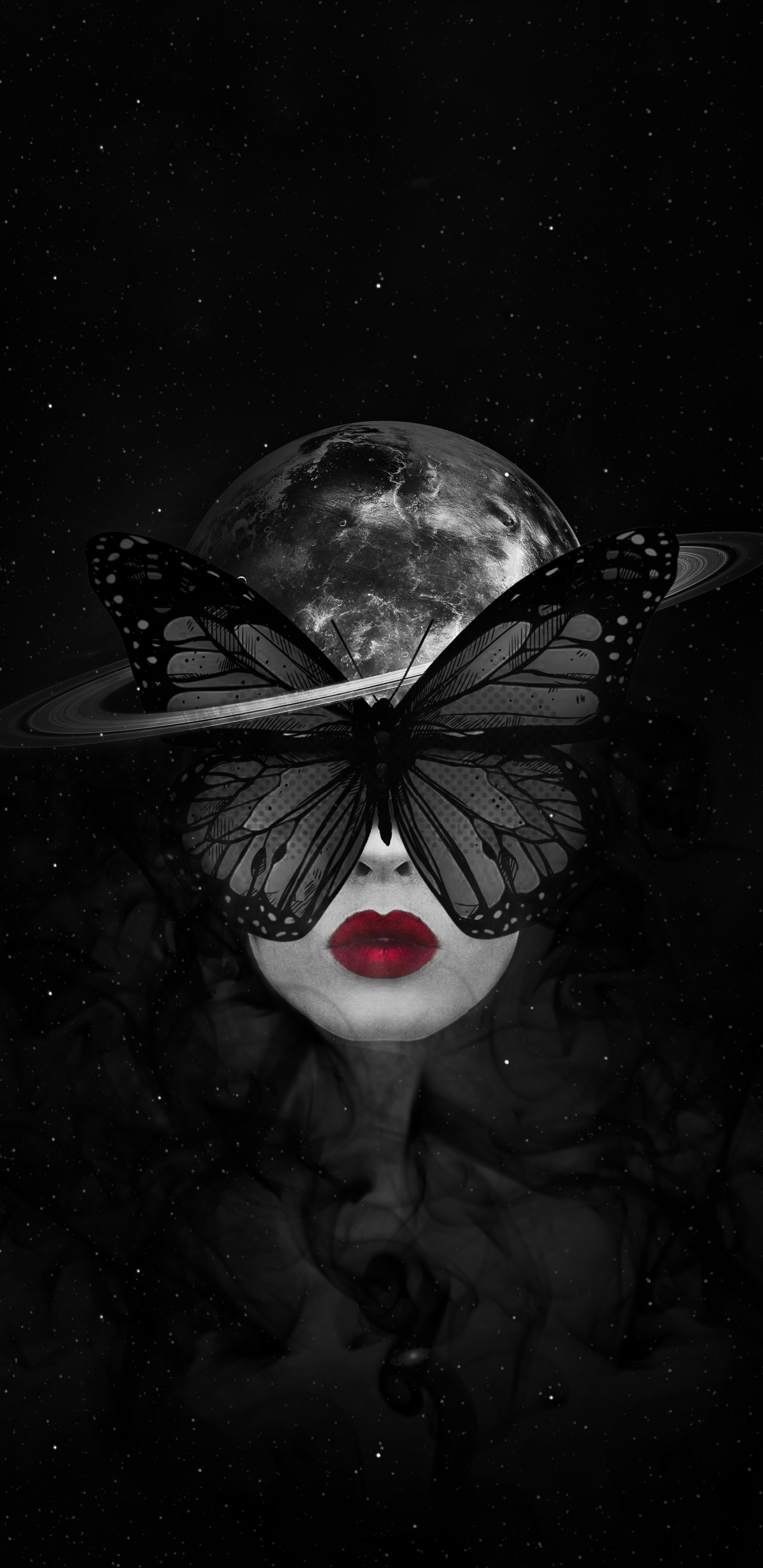 Mariposa Chica Oscura, Arte, Objeto Astronómico, Espacio, Monocromo. Wallpaper in 1440x2960 Resolution