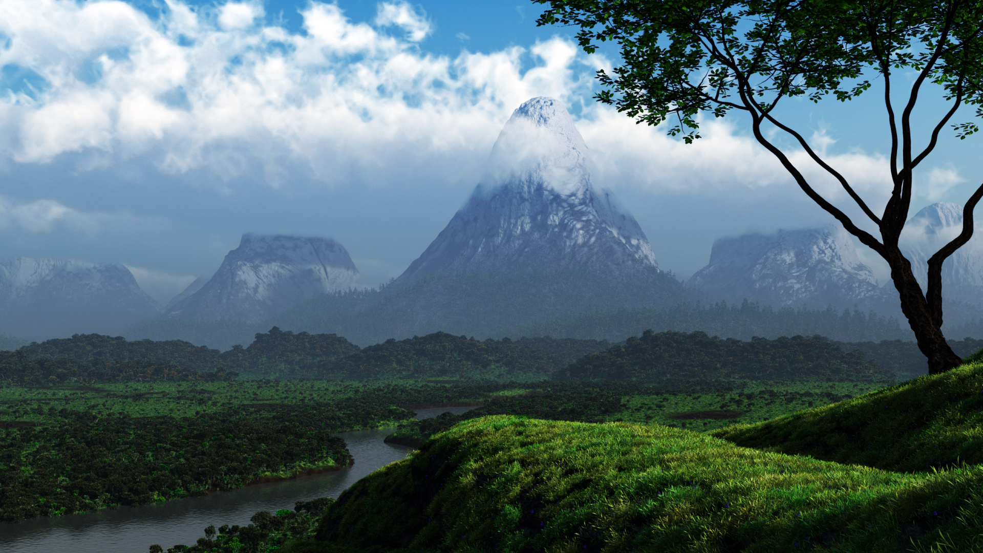 Green Grass Field Near Mountain Under Blue Sky During Daytime. Wallpaper in 1920x1080 Resolution