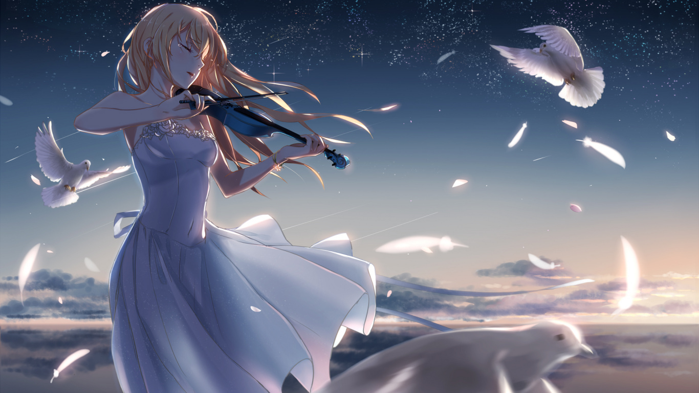 Woman in White Dress Holding Black Bird Illustration. Wallpaper in 1366x768 Resolution