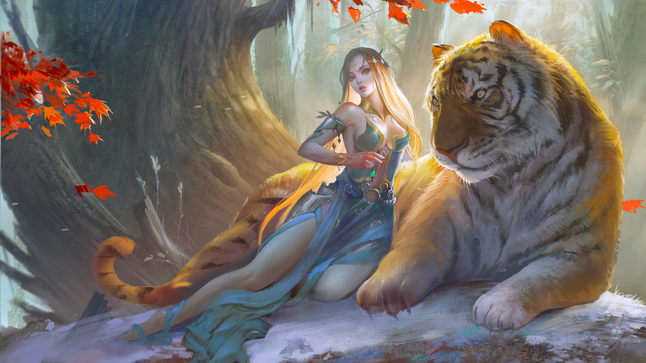 Woman in Blue Dress Beside Tiger Painting. Wallpaper in 1280x720 Resolution