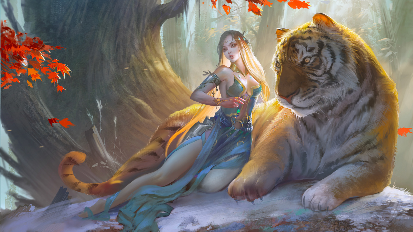 Woman in Blue Dress Beside Tiger Painting. Wallpaper in 1366x768 Resolution