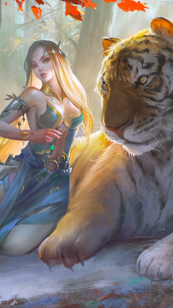 Woman in Blue Dress Beside Tiger Painting. Wallpaper in 720x1280 Resolution
