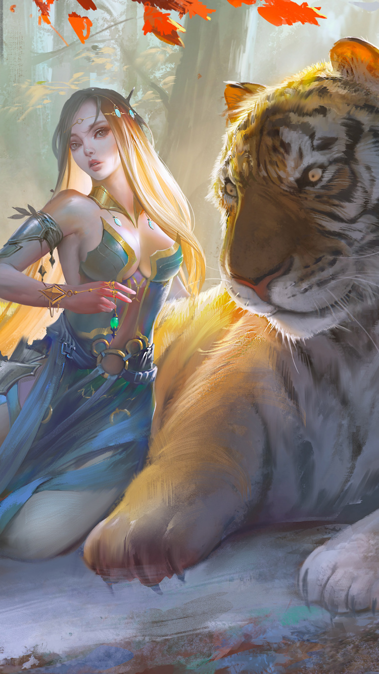 Mujer en Vestido Azul Junto a la Pintura de Tigre. Wallpaper in 750x1334 Resolution