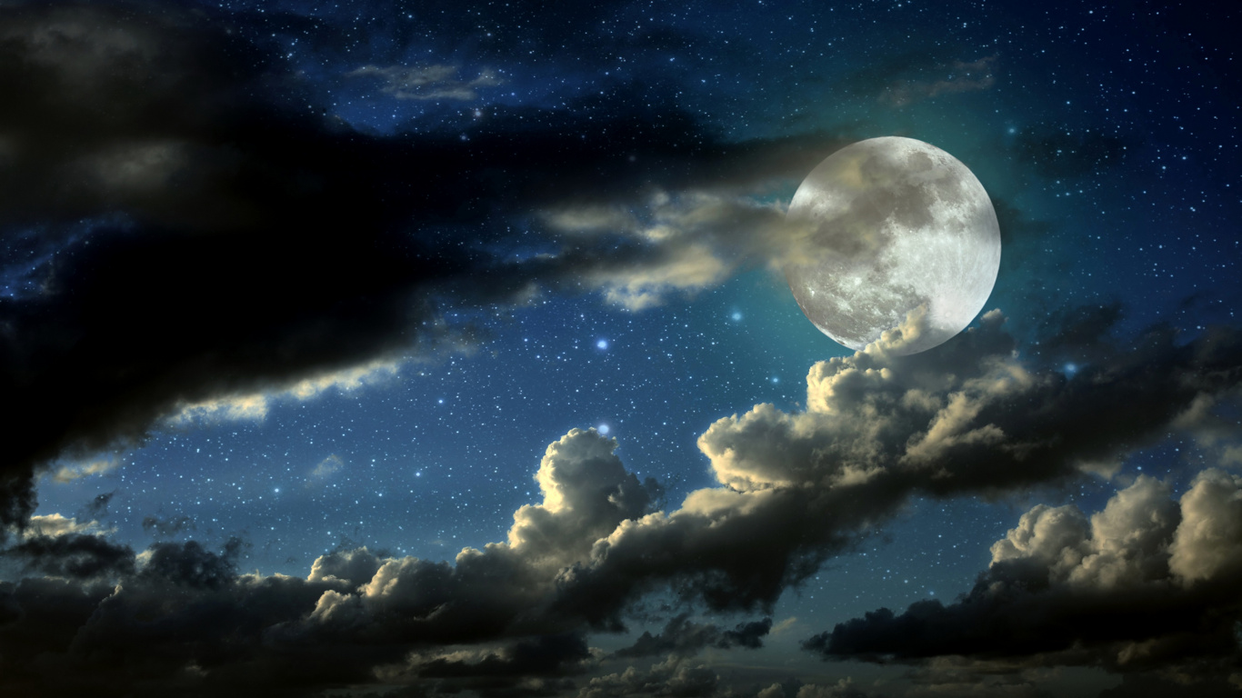 Pleine Lune Au-dessus Des Nuages Pendant la Nuit. Wallpaper in 1366x768 Resolution