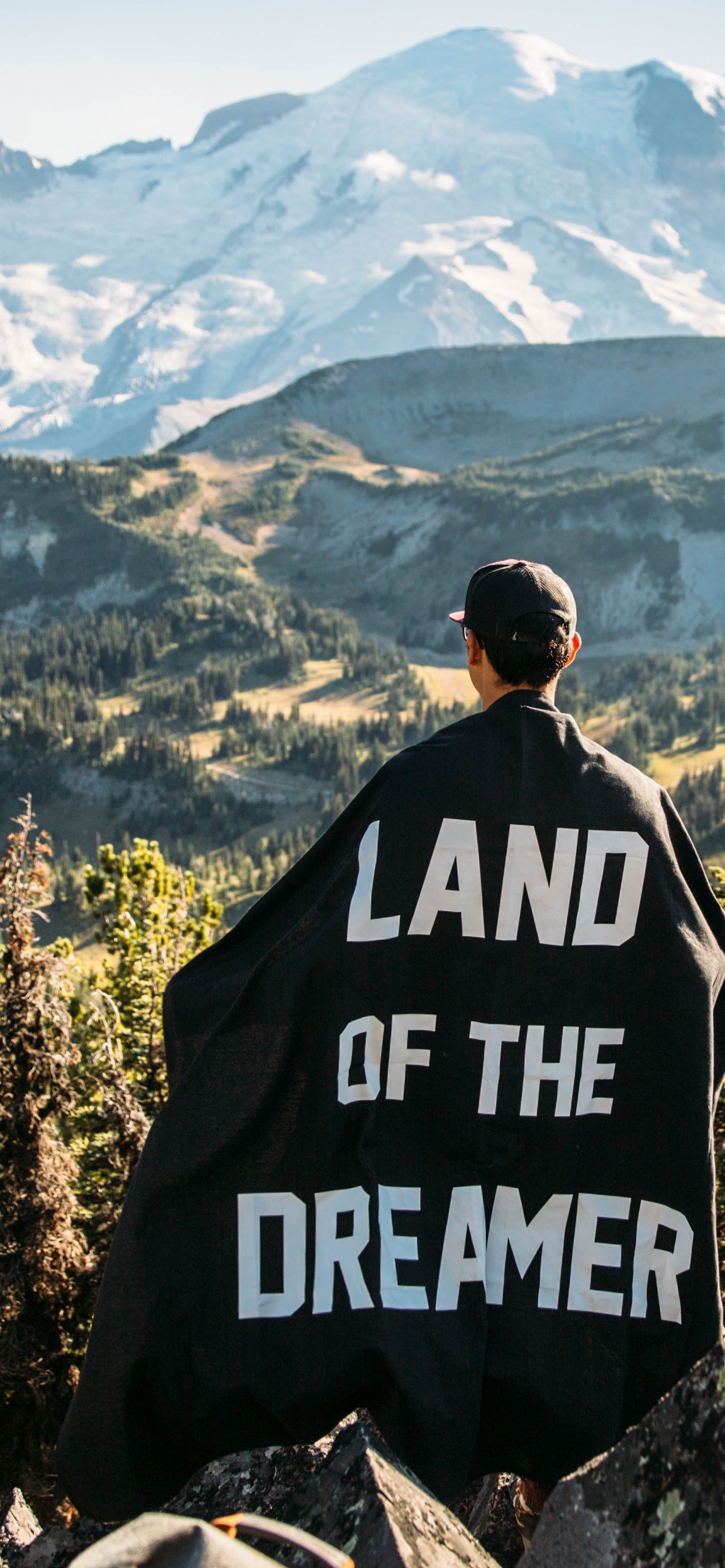 Homme en Veste Noire et Blanche Debout Sur un Rocher Gris Près D'arbres Verts et Couverts de Neige. Wallpaper in 1242x2688 Resolution