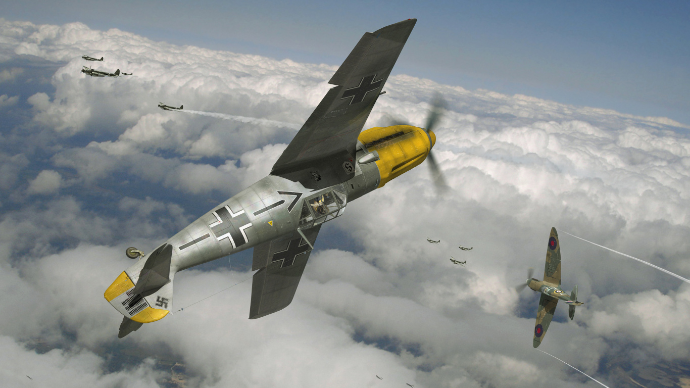 Grauer Und Gelber Kampfjet, Der Tagsüber am Himmel Fliegt. Wallpaper in 1366x768 Resolution