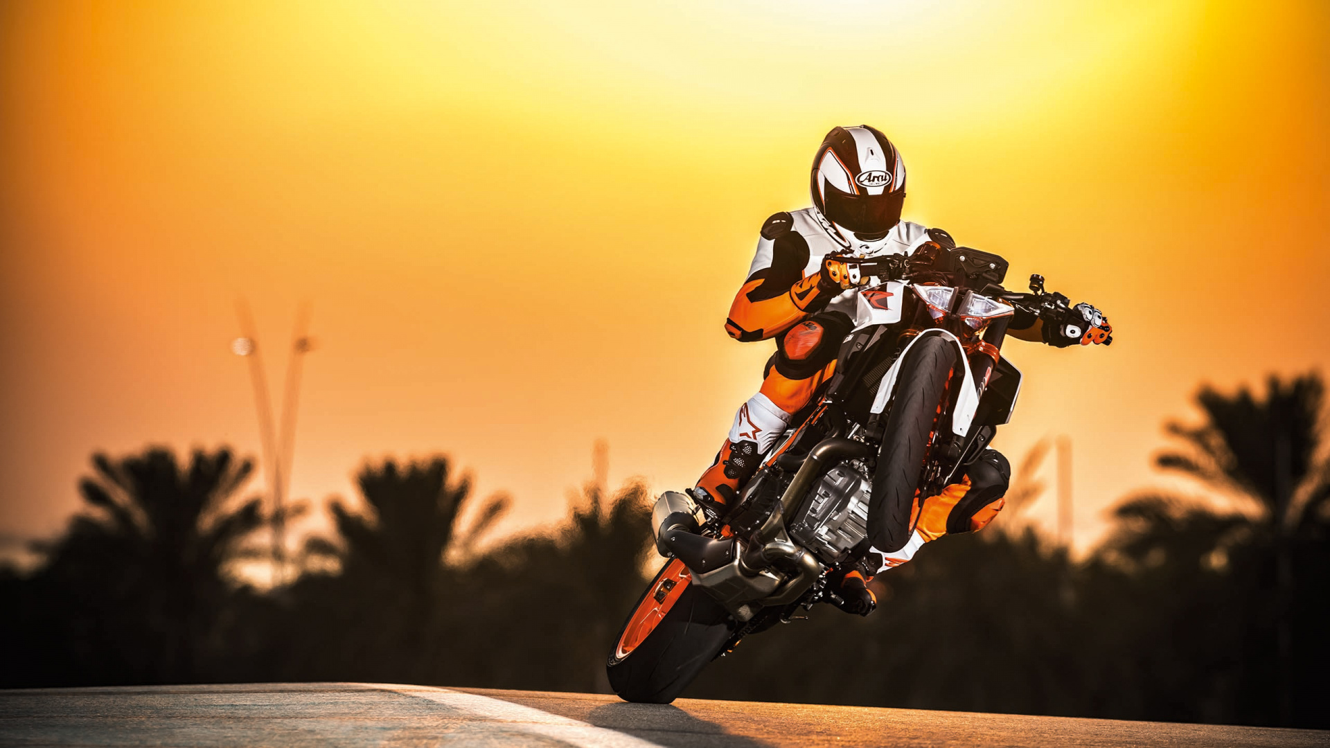 Man in Orange Helmet Riding Orange and Black Motorcycle. Wallpaper in 1920x1080 Resolution