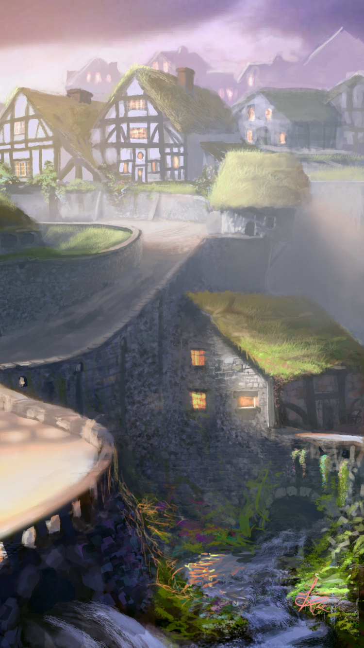 Maison Brune et Blanche Près de la Fontaine D'eau. Wallpaper in 750x1334 Resolution