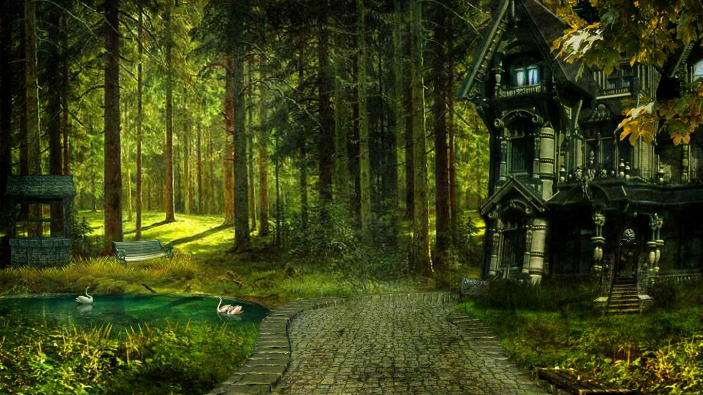 Brauner Weg Zwischen Grünem Gras Und Bäumen. Wallpaper in 1366x768 Resolution