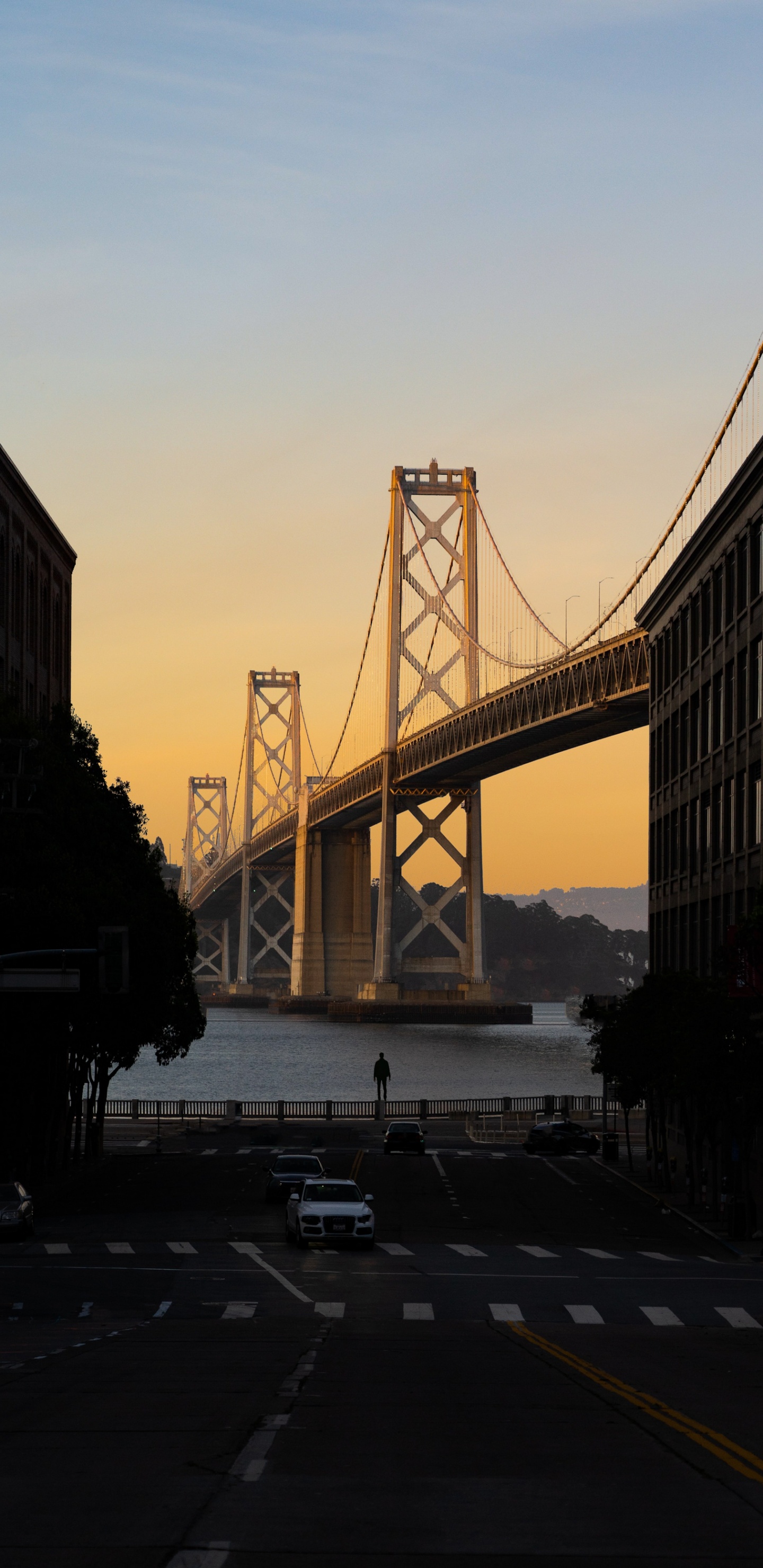 San Francisco Oakland Bay Bridge, Infraestructura, Coche, Agua, Atardecer. Wallpaper in 1440x2960 Resolution