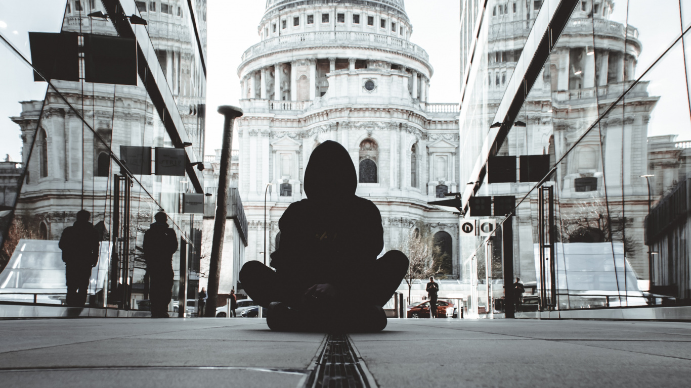Man Sitting on The Sidewalk. Wallpaper in 1366x768 Resolution