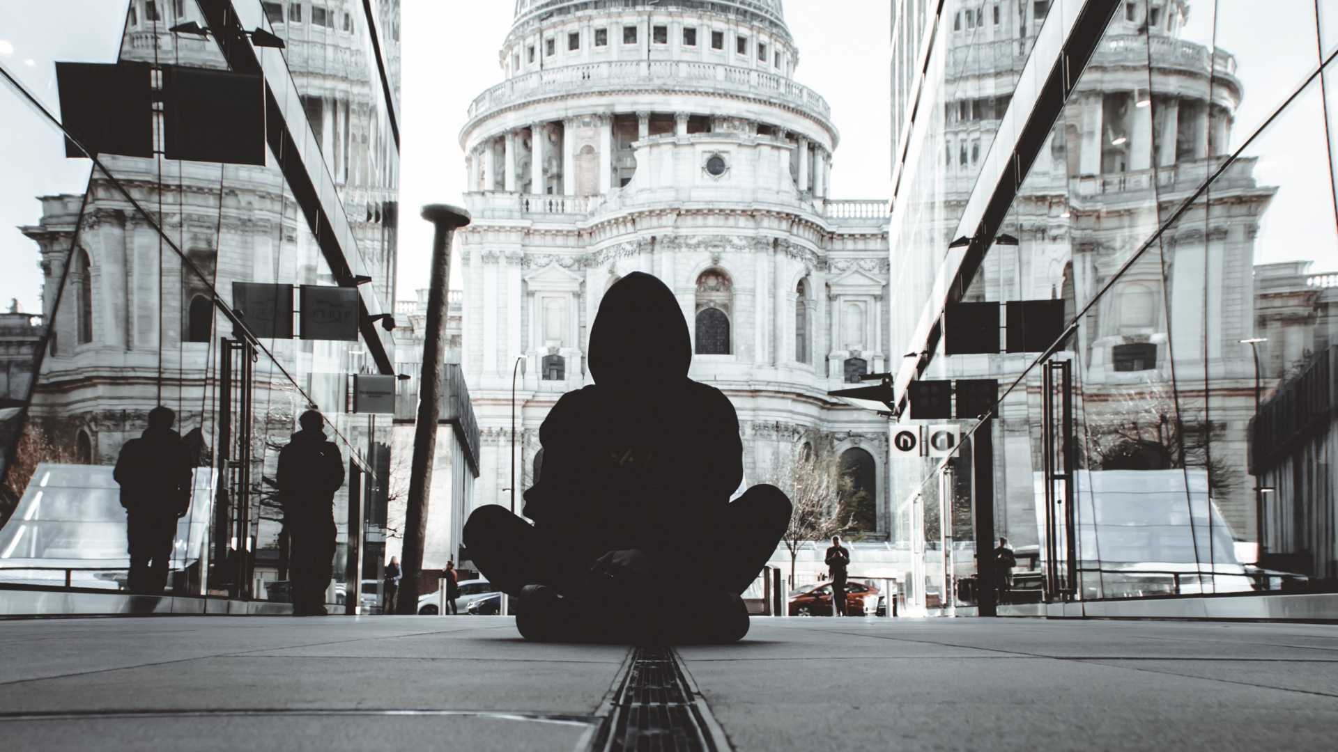 Man Sitting on The Sidewalk. Wallpaper in 1920x1080 Resolution