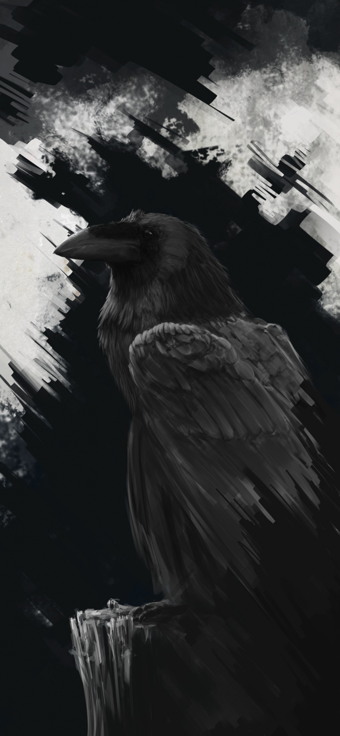 Black Bird on Tree Branch Painting. Wallpaper in 1125x2436 Resolution