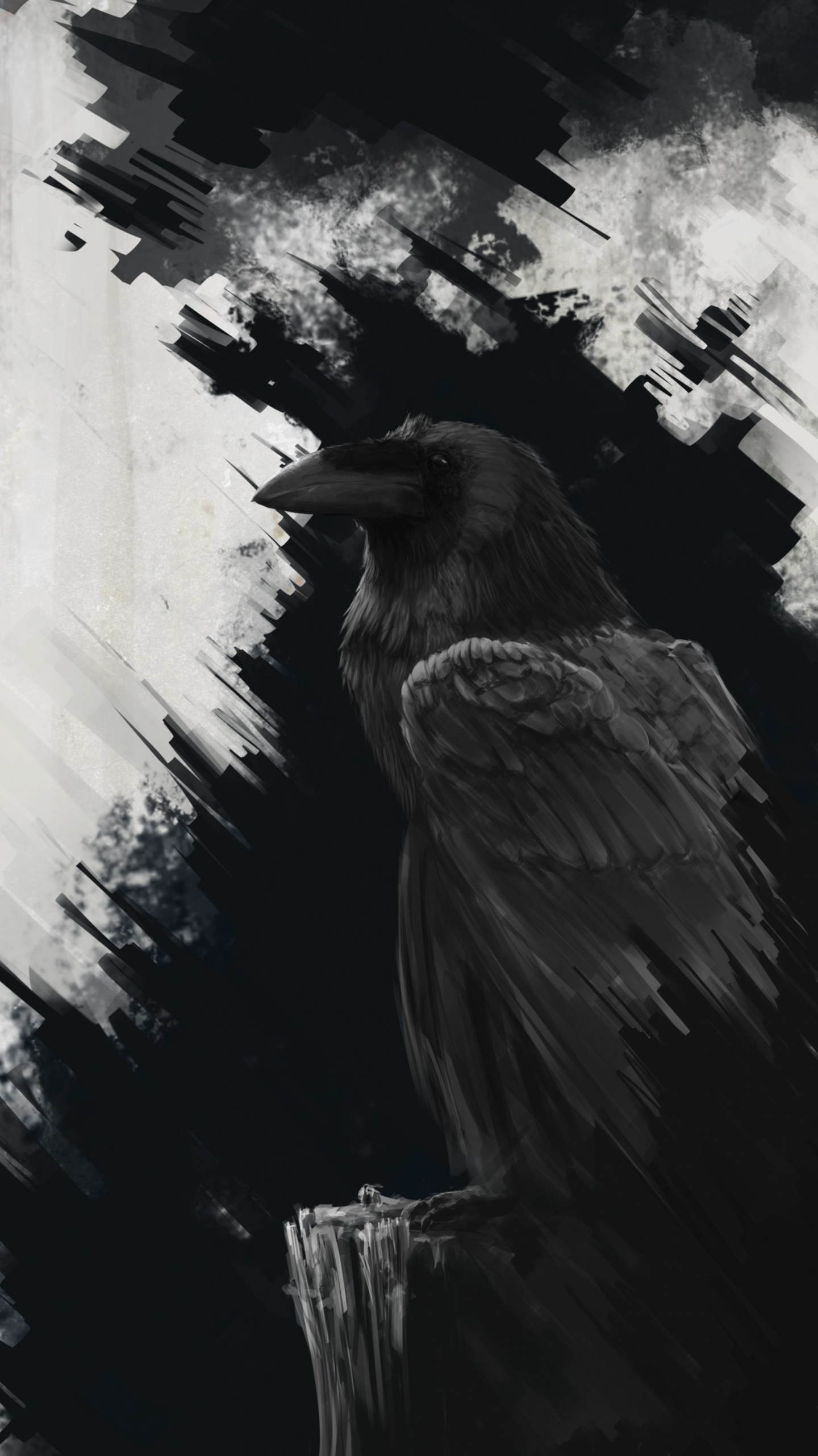 Black Bird on Tree Branch Painting. Wallpaper in 1440x2560 Resolution