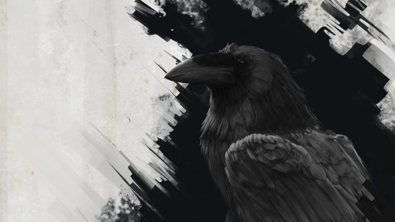 Pájaro Negro en la Pintura de la Rama de un Árbol. Wallpaper in 1366x768 Resolution