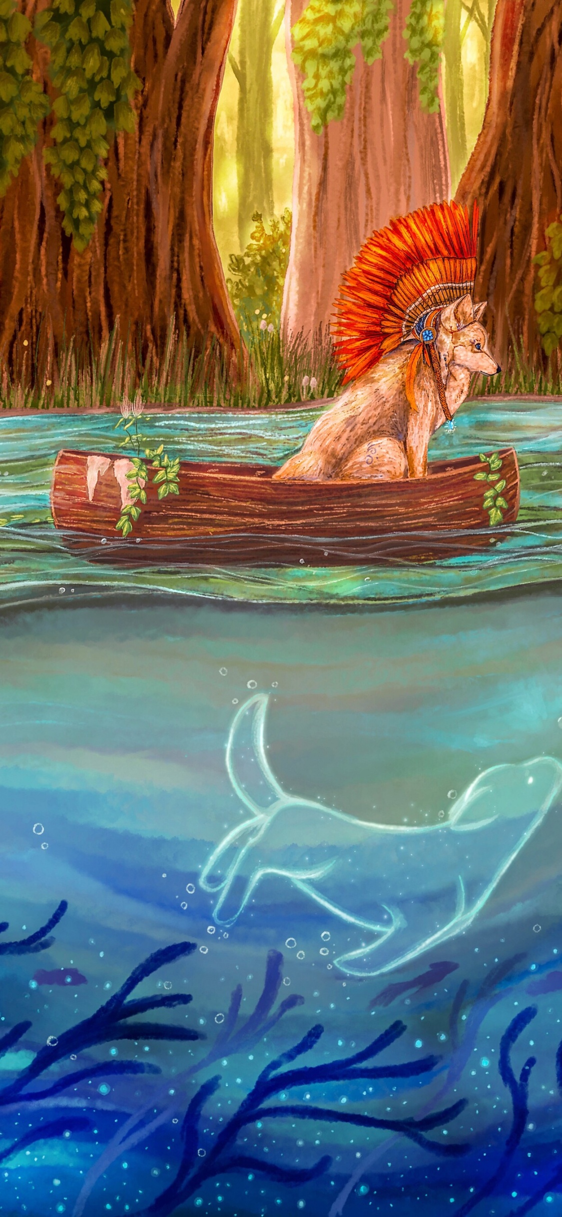 Frau im Braunen Kleid Liegt Auf Braunem Holzscheit im Wasser. Wallpaper in 1125x2436 Resolution