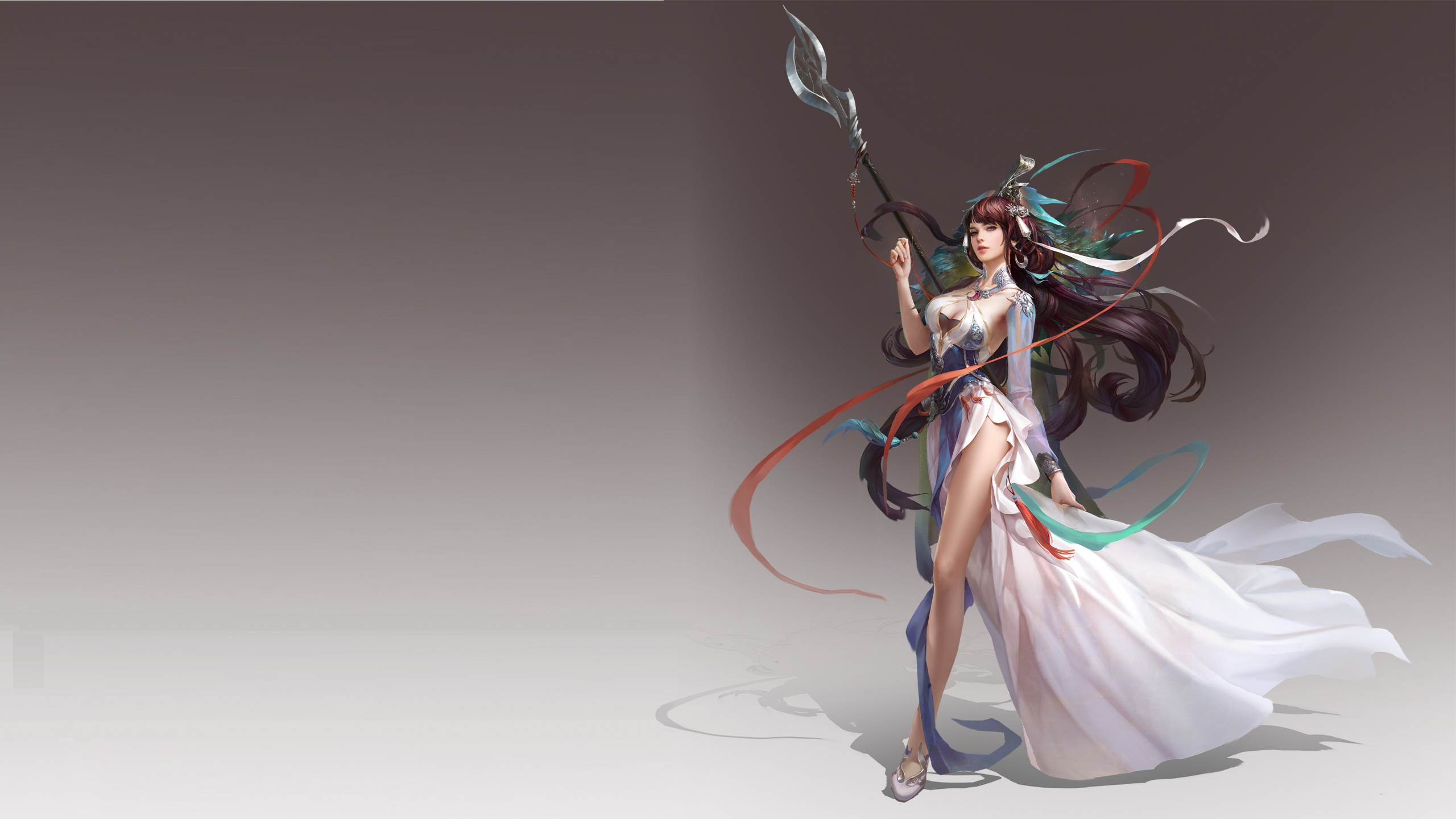 Woman in White Dress Holding Green and Black Rope. Wallpaper in 2560x1440 Resolution