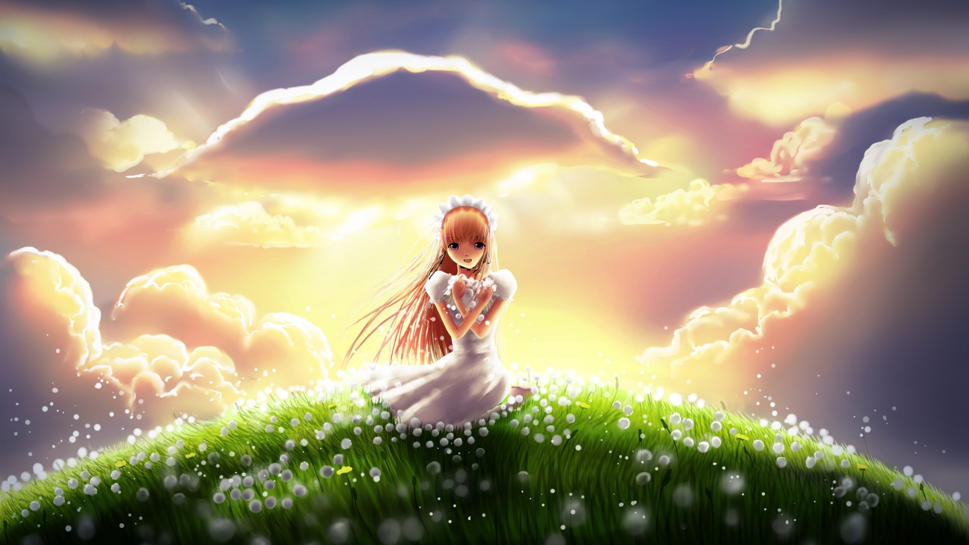 Anime Dandelions, Anime, Dandelion, Cloud, Plant. Wallpaper in 1920x1080 Resolution