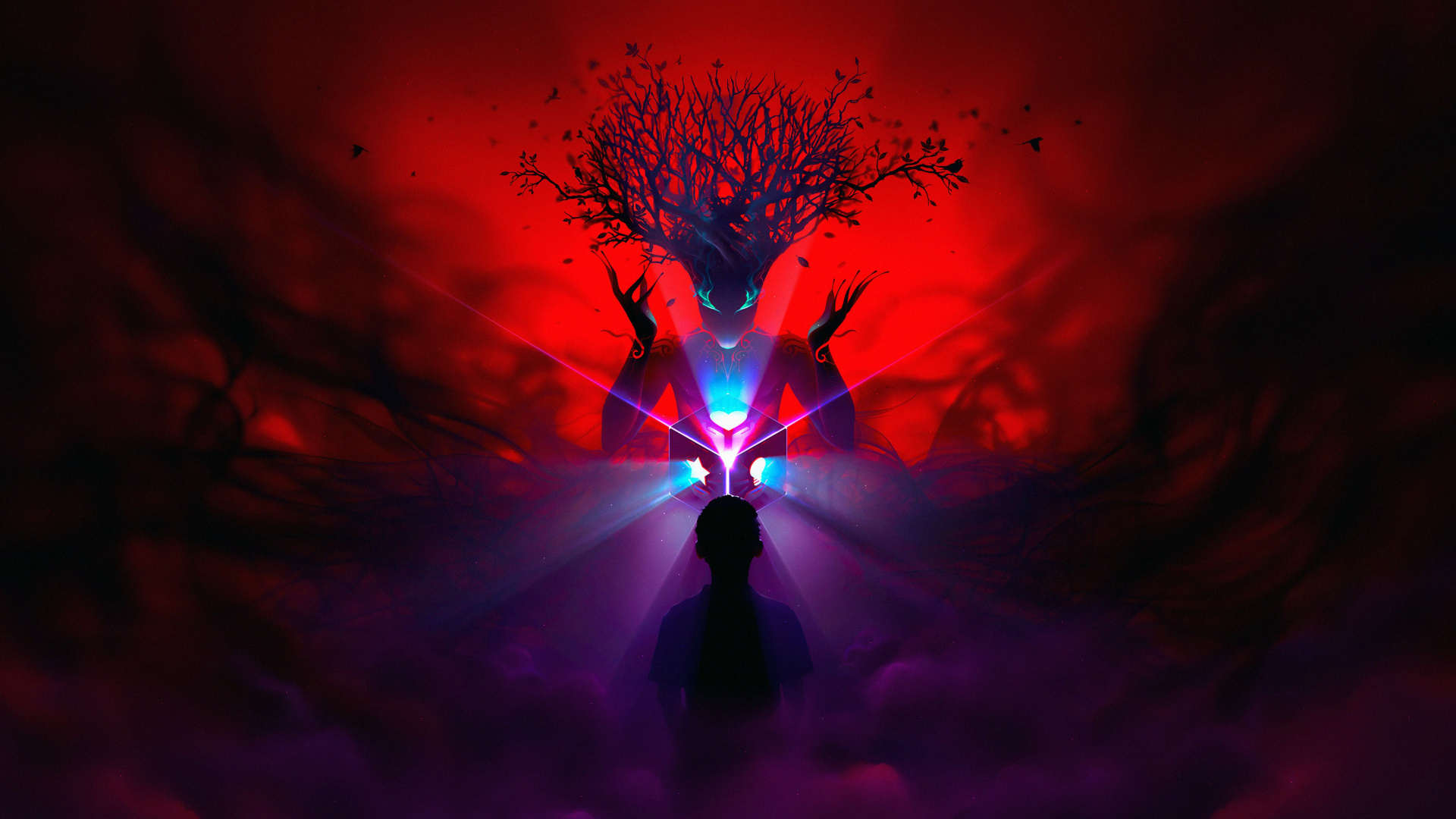 Silhouette D'homme Debout Sous Les Lumières Bleues et Violettes. Wallpaper in 1920x1080 Resolution