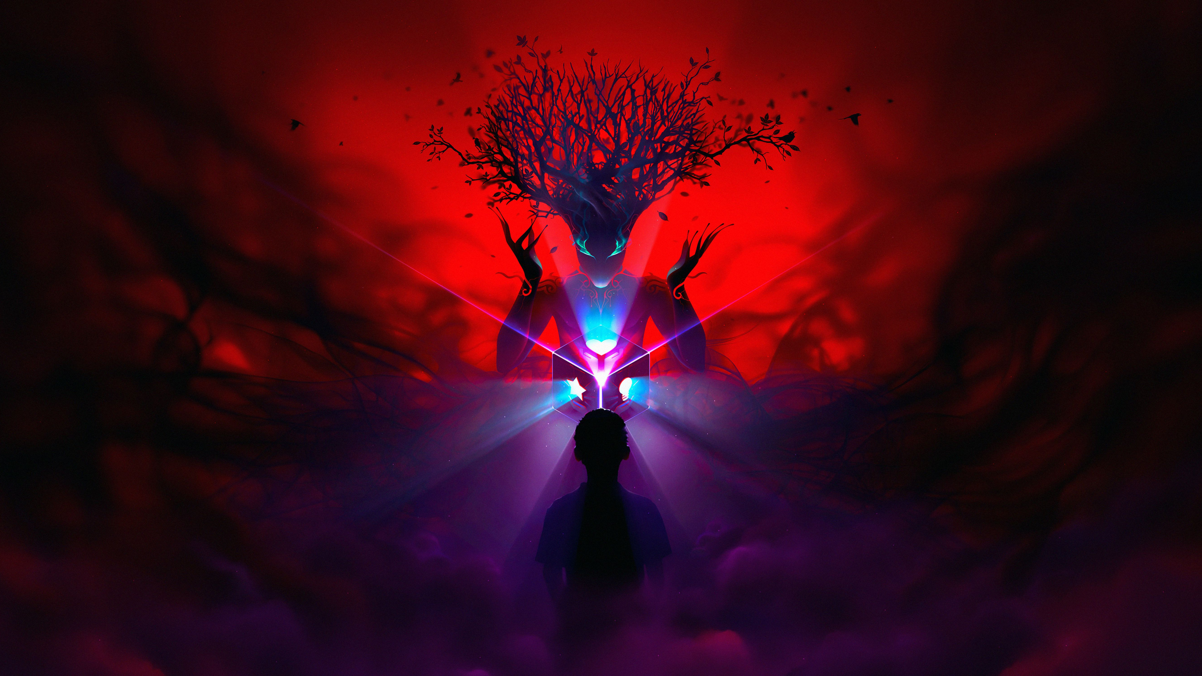 Silhouette D'homme Debout Sous Les Lumières Bleues et Violettes. Wallpaper in 3840x2160 Resolution