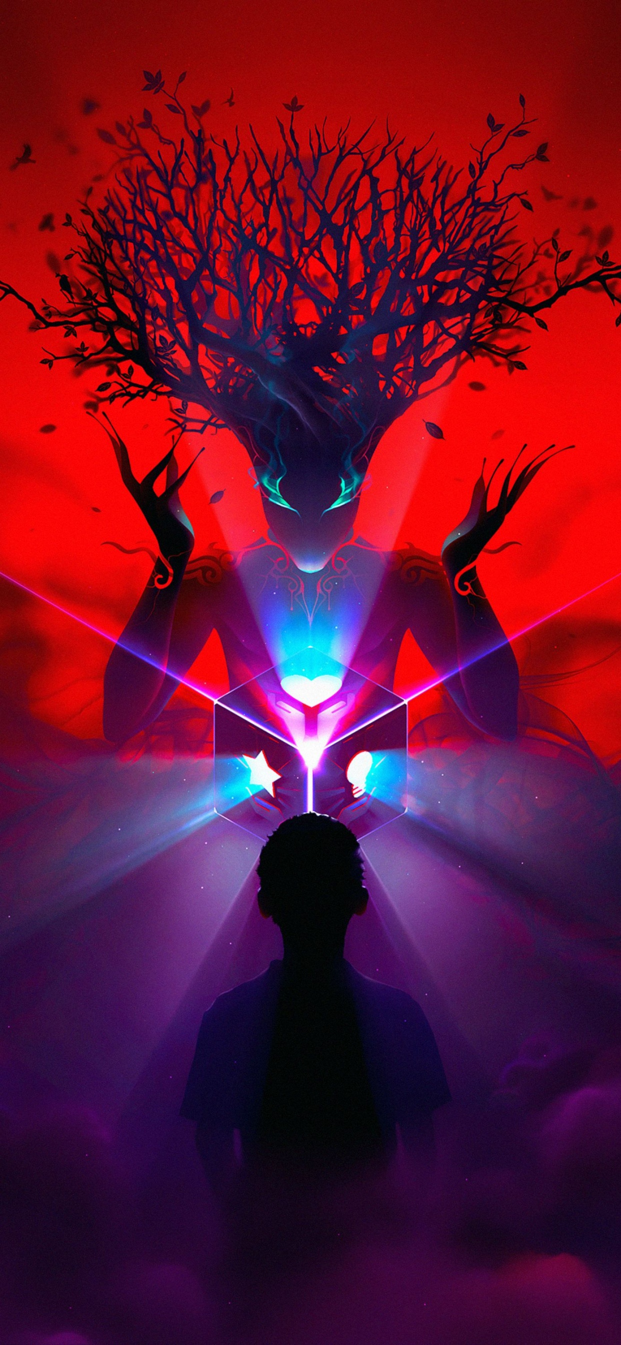 Silhouette Eines Mannes, Der Unter Blauen Und Lila Lichtern Steht. Wallpaper in 1242x2688 Resolution