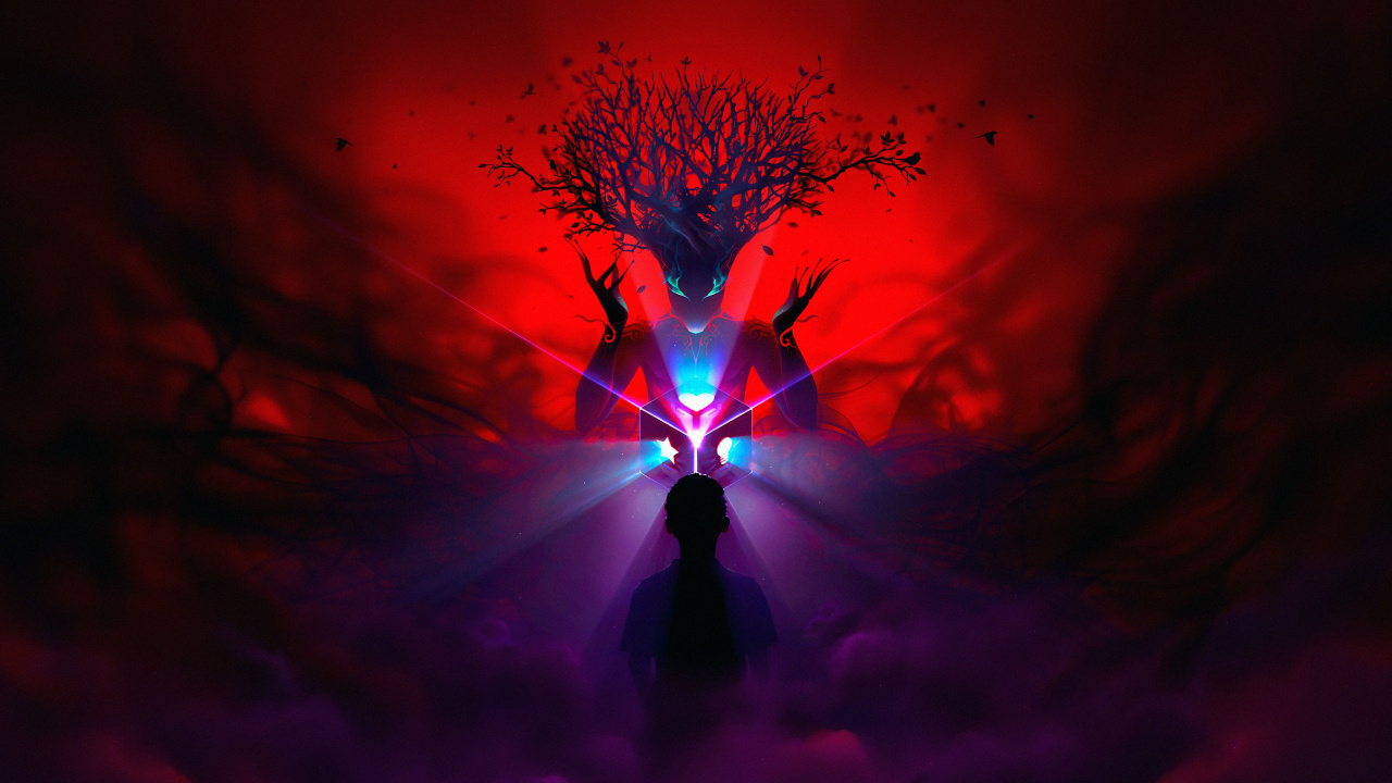 Silhouette Eines Mannes, Der Unter Blauen Und Lila Lichtern Steht. Wallpaper in 1280x720 Resolution