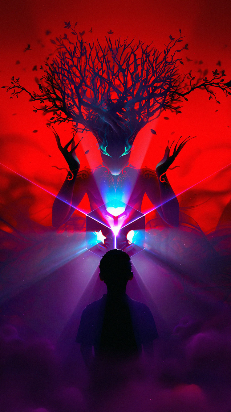 Silhouette of Man Standing Under Blue and Purple Lights. Wallpaper in 750x1334 Resolution