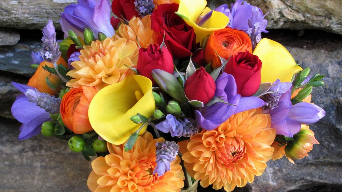 Yellow Pink and Red Flower Bouquet. Wallpaper in 1366x768 Resolution