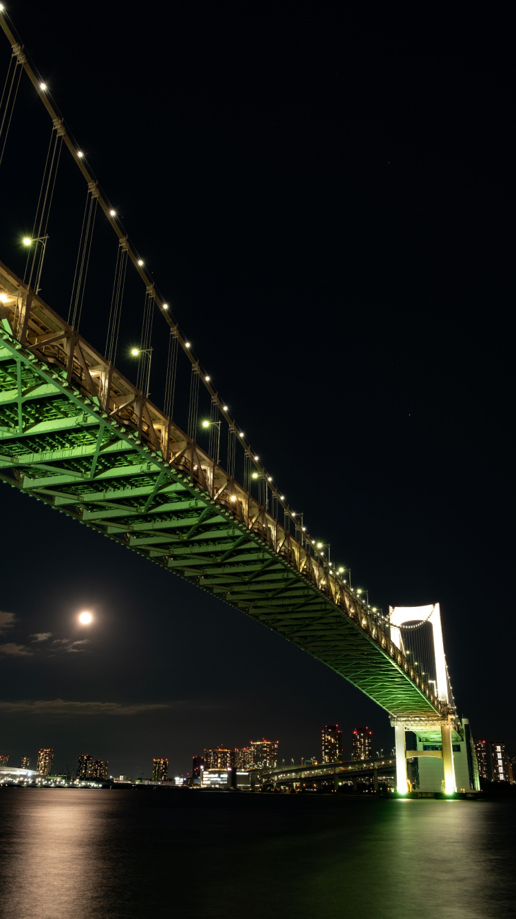 Green Bridge With Lights During Night Time. Wallpaper in 750x1334 Resolution