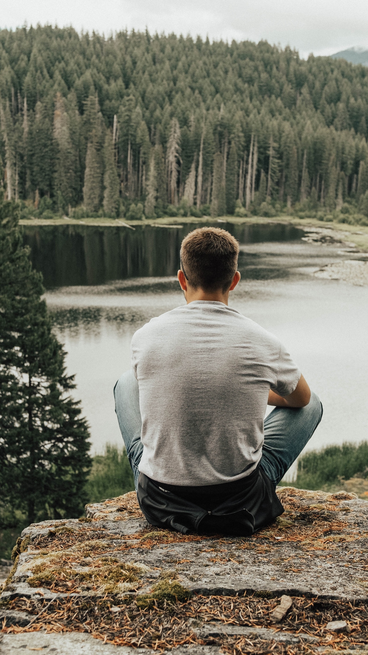 Man in Gray Sweater Sitting on Brown Rock Near Lake During Daytime. Wallpaper in 1440x2560 Resolution