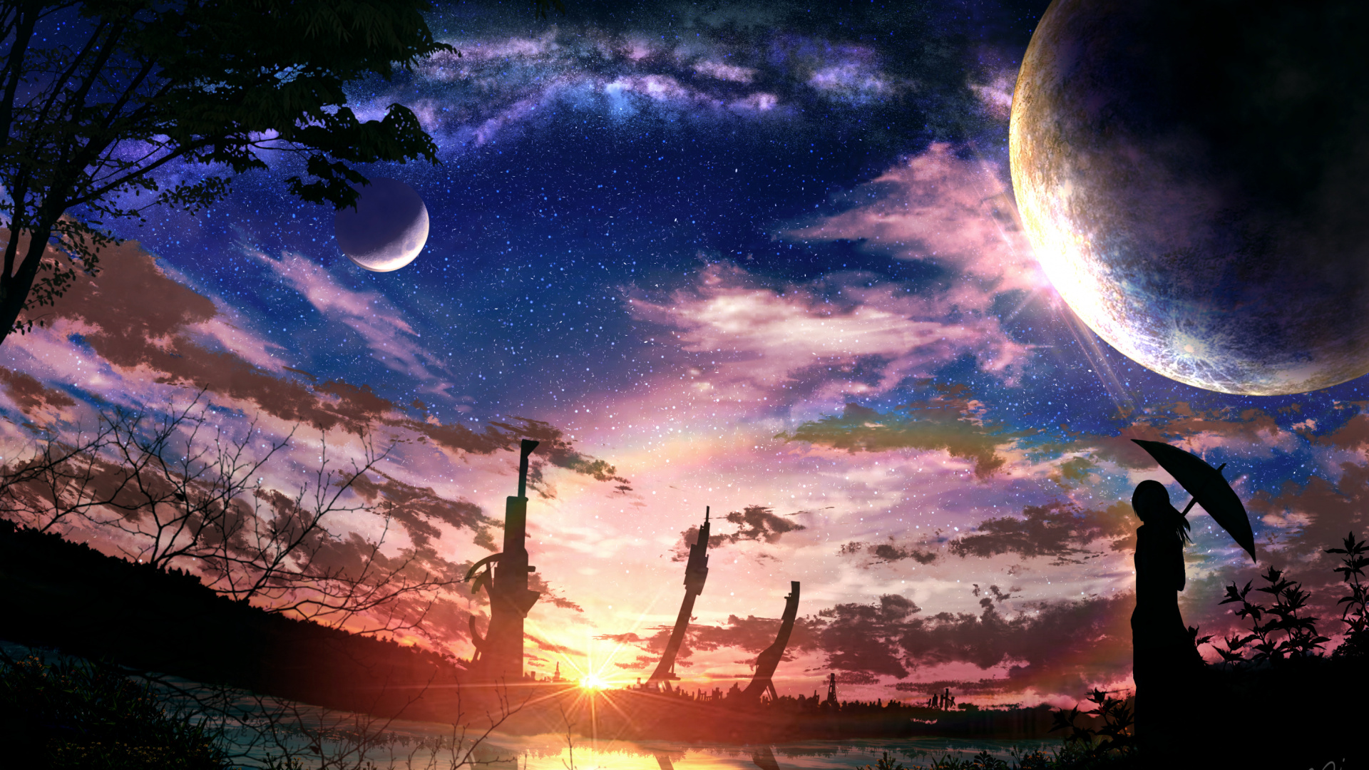 Silhouette of Trees and Buildings Under Blue Sky With Moon. Wallpaper in 1920x1080 Resolution