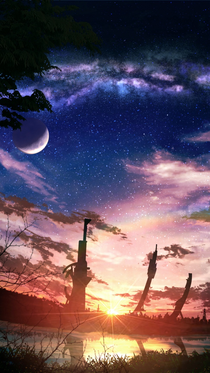 Silhouette of Trees and Buildings Under Blue Sky With Moon. Wallpaper in 720x1280 Resolution