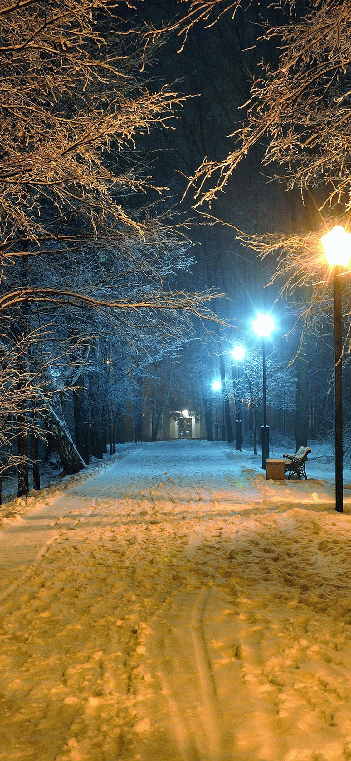 Brown Wooden Bench on Snow Covered Ground During Night Time. Wallpaper in 1125x2436 Resolution