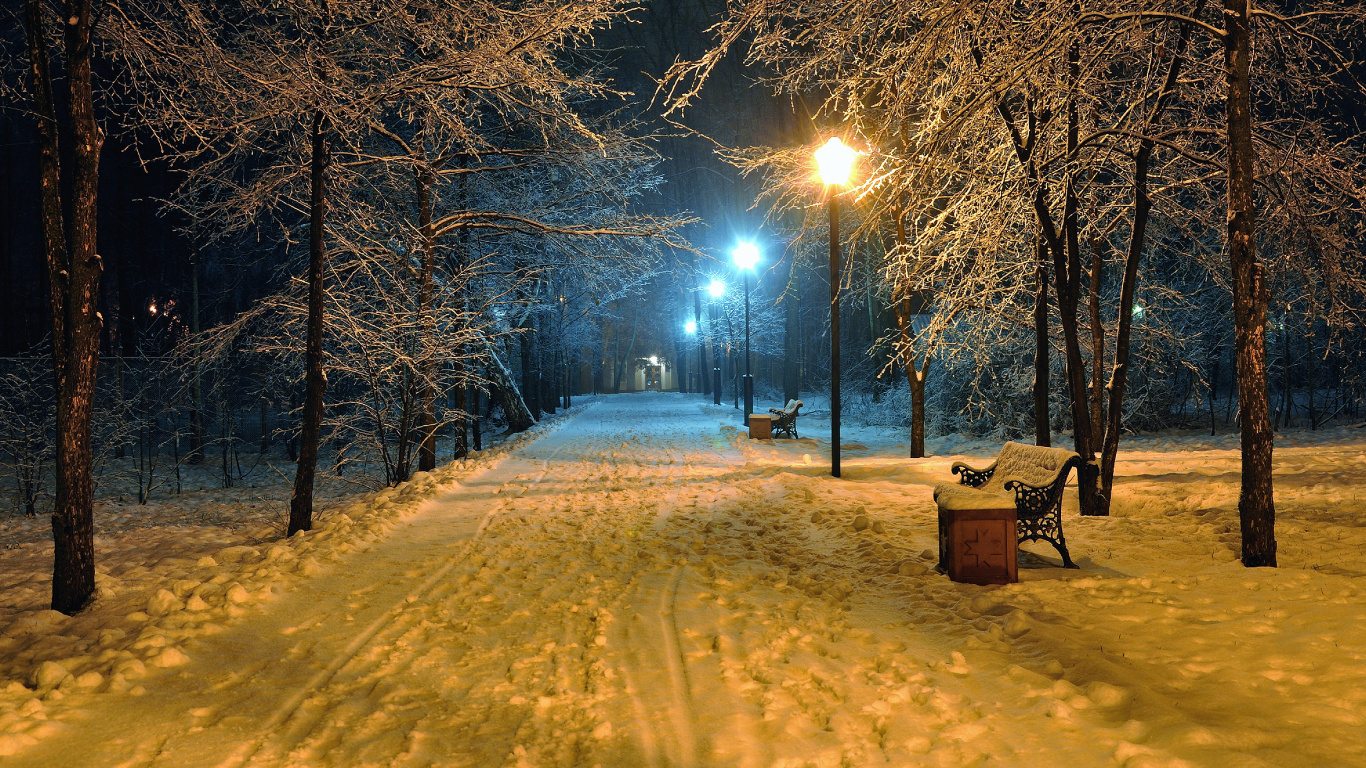 Brown Wooden Bench on Snow Covered Ground During Night Time. Wallpaper in 1366x768 Resolution