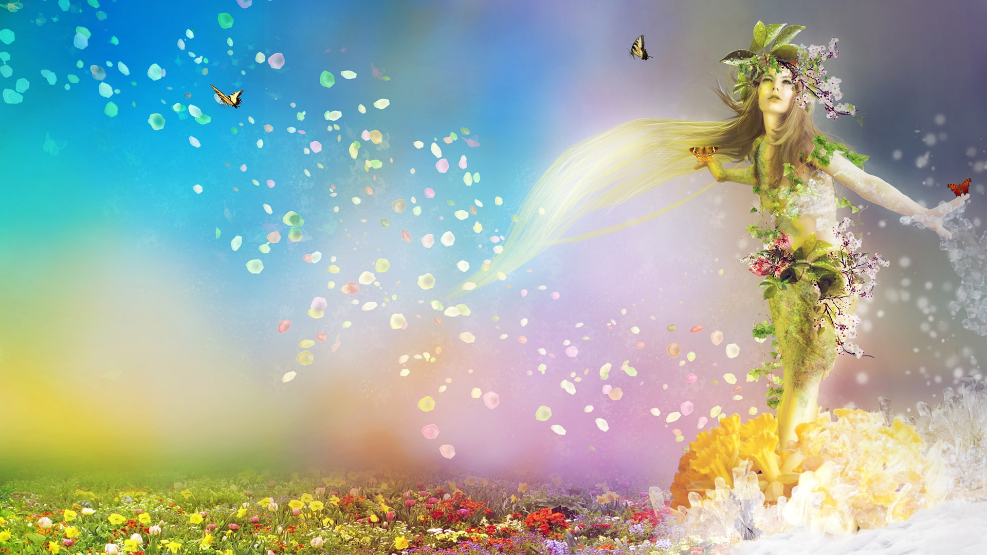 Femme en Robe Blanche Sur Champ de Fleurs. Wallpaper in 1920x1080 Resolution