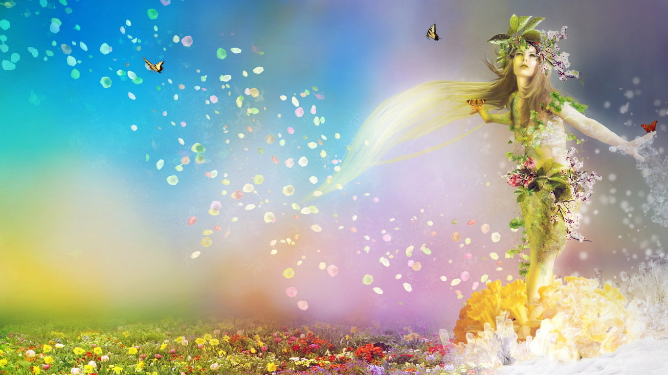 Mujer en Vestido Blanco en el Campo de Flores. Wallpaper in 1366x768 Resolution