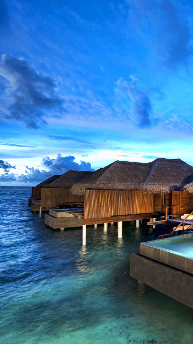 Braune Holzhäuser Auf Grünem Wasser Unter Blauem Himmel Tagsüber. Wallpaper in 750x1334 Resolution